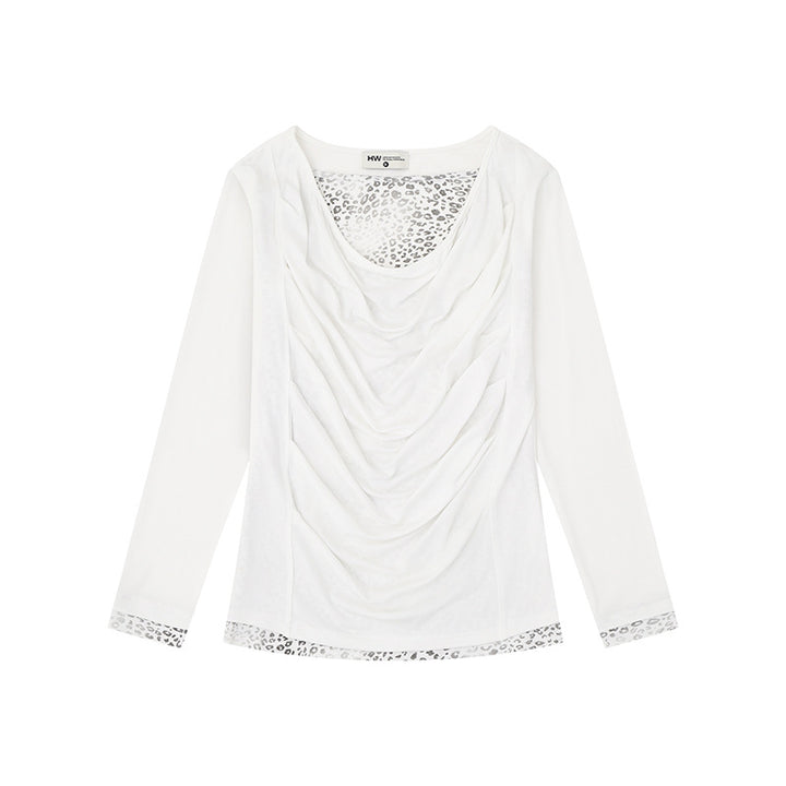 Women's Figure-Flattering Long Sleeve Shirt with Waterfall Draping and Animal Inside Lining Mune Fashion