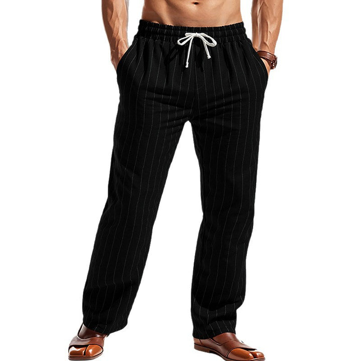 Men's Maritime Linen Look Casual Trousers with Pinstripes, Elastic Waistband and Side Slash Pockets Mune Fashion