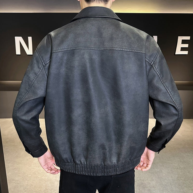 Men's Oversized Velour-Look Transitional Blouson with Shirt Collar, Zipper & Elastic Hem