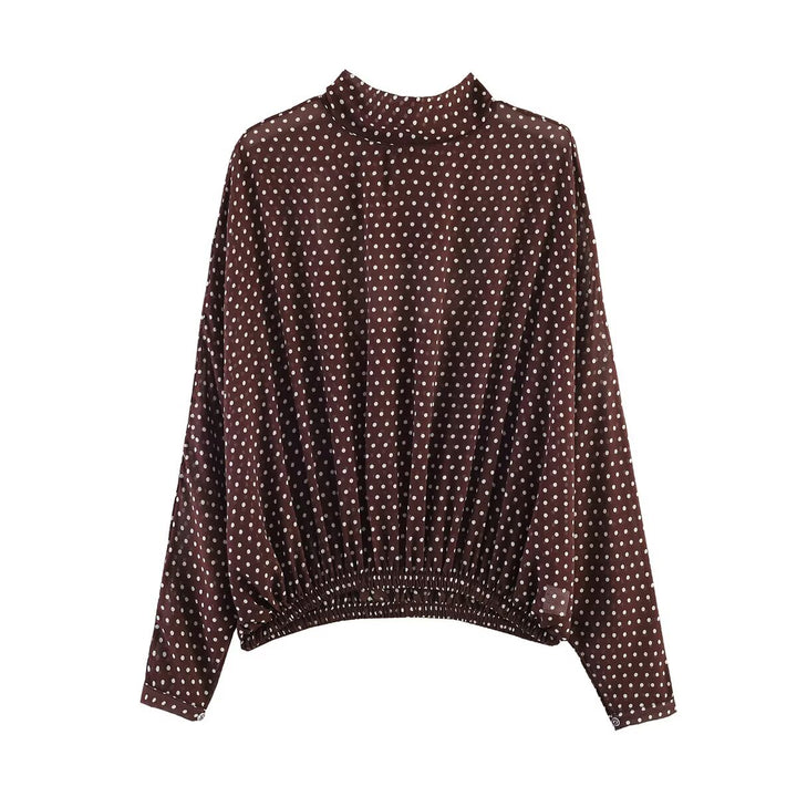 Women's Loose Blouson Top with Stand Collar, Polka Dot Pattern and Elastic Hem Mune Fashion