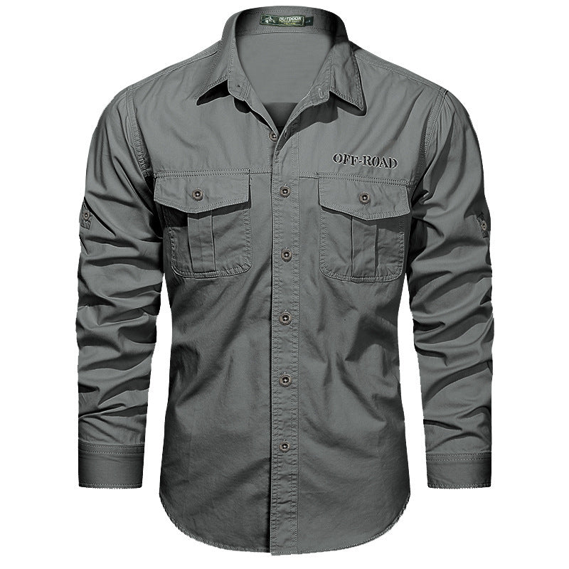 Men's robust utility shirt with double chest pockets and arm roll tab