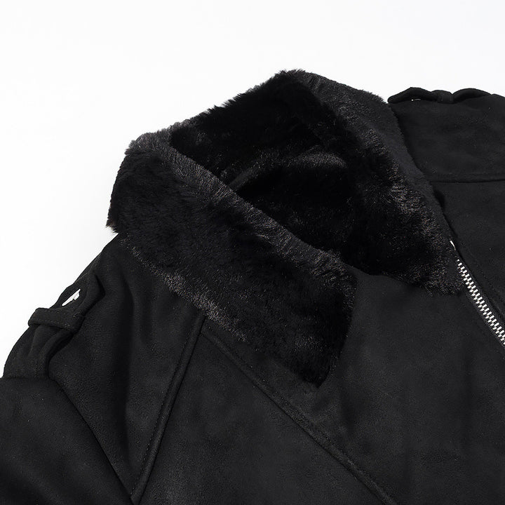 Women Short Biker Jacket with Faux Fur Collar and Suede Look Mune Fashion