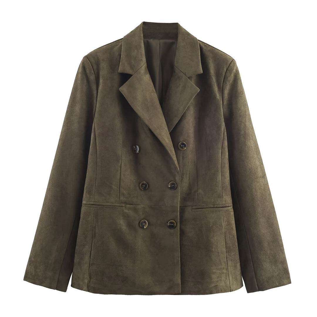 Women's Double-Breasted Suede Look Blazer with Lapel Collar and Flap Pockets Mune Fashion