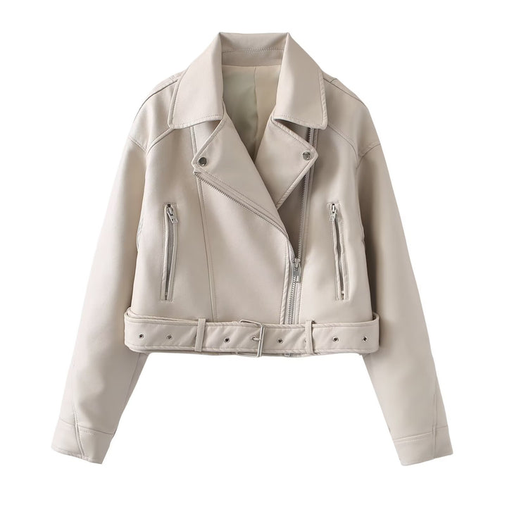 Women's short biker jacket made of soft synthetic leather with waist belt Mune Fashion