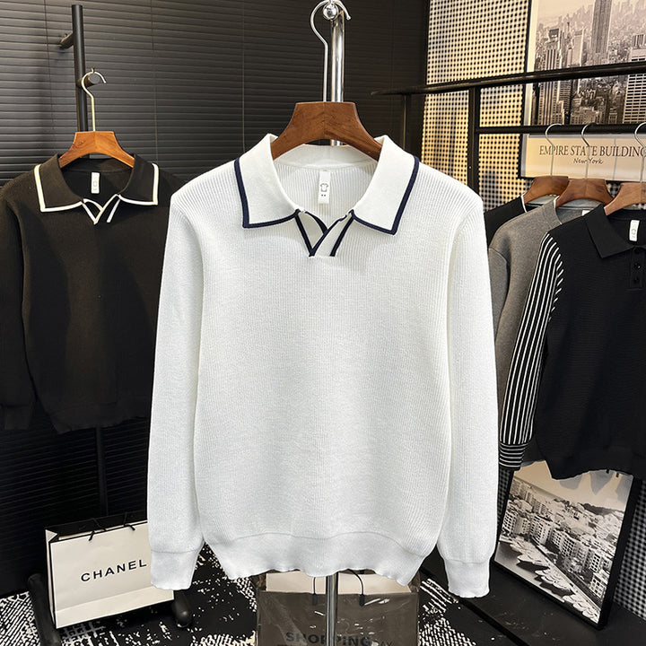 Men's Fine Knit Polo Sweater with Contrast Piping and Shirt Collar Mune Fashion