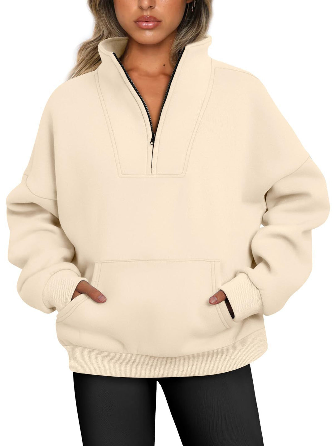 Women's oversized half-zip hoodie with high stand collar, kangaroo pocket, and ribbed cuffs Mune Fashion