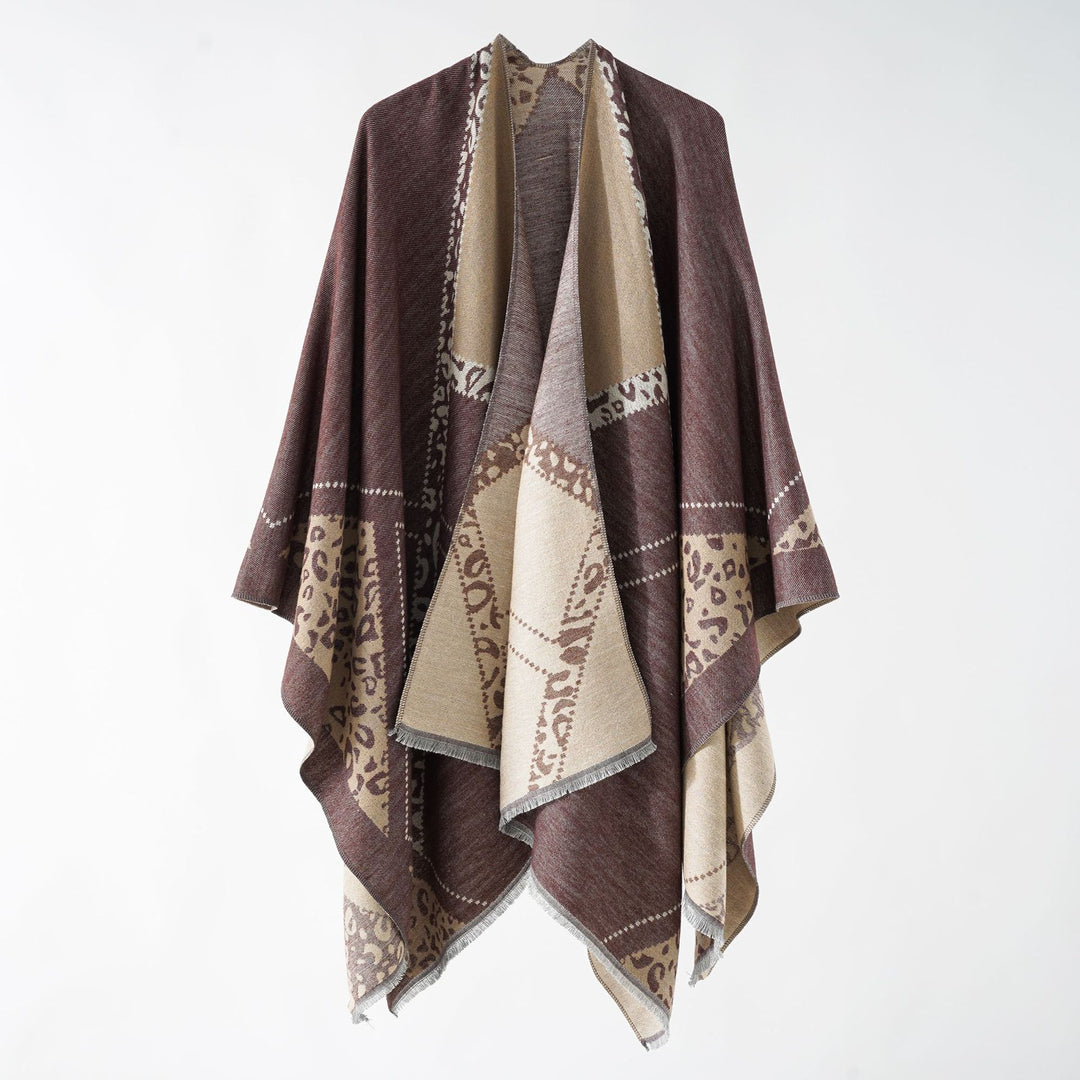 Women's Large Double-Face Jacquard Cape with Animal Patch and Fine Fringe Hem Mune Fashion