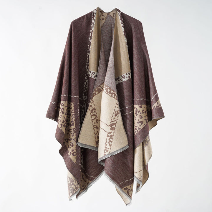 Women's Large Double-Face Jacquard Cape with Animal Patch and Fine Fringe Hem Mune Fashion