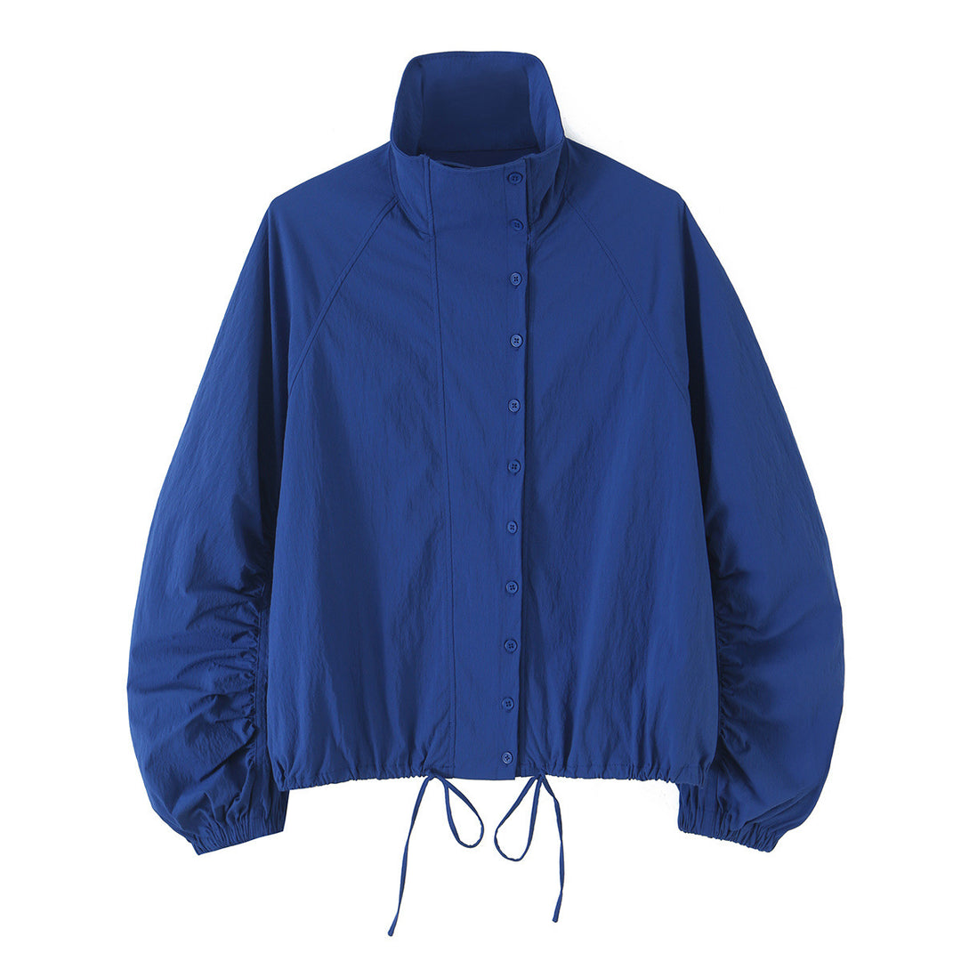 Women's Lightweight Cropped Windbreaker with Stand-Up Collar, Raglan Sleeves and Drawstring Mune Fashion