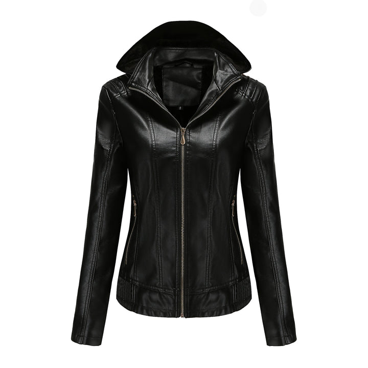 Women's tailored faux leather jacket with hood, padded inner lining and concealed zip pockets Mune Fashion