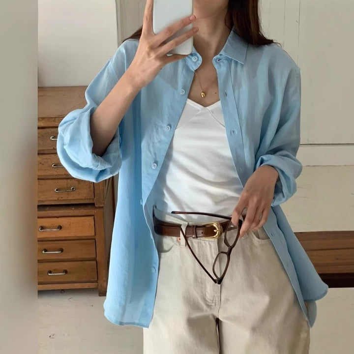 Women's Casual Oversized Shirt Blouse with Boxy Silhouette and Roll-Up Sleeves Mune Fashion
