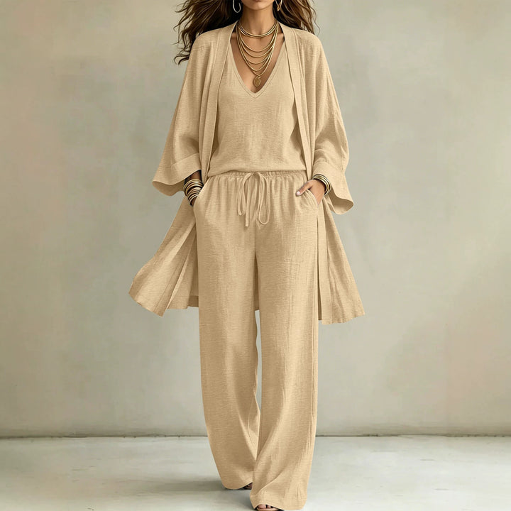 Women Casual Lounge Set with Kimono Cardigan, V-Neck Shirt and Wide Cord Pants Drune