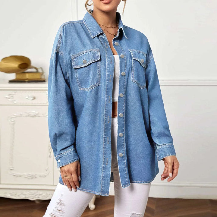 Women's Longline Denim Shirt Jacket Oversized with Flap Pockets Mune Fashion