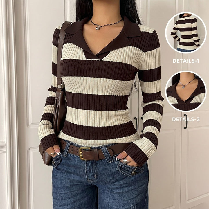 Women's Long Sleeve Knit Top with Polo Collar Mune Fashion