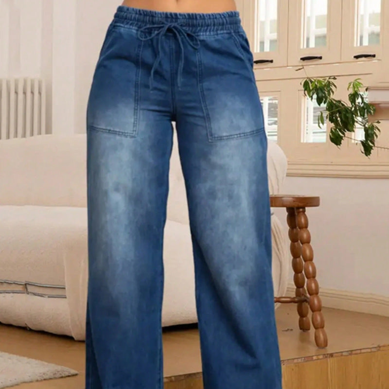Women's Wide High-Waist Jeans with Elastic Waistband and Drawstring Mune Fashion