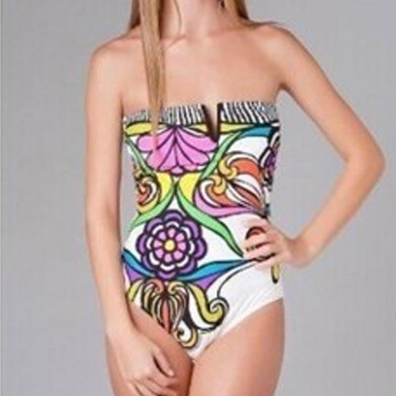 Women's bandeau swimsuit with a closure-free front and colorful floral pattern Mune Fashion
