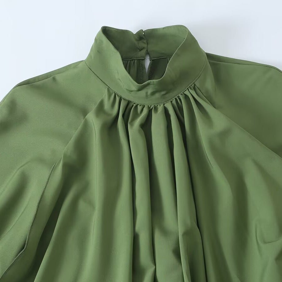 Women's Flowing Maxi Dress with Balloon Sleeves, Ruffle Details and Stand Collar Mune Fashion