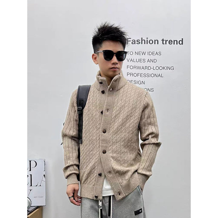 Men's finely structured cable knit cardigan with high stand-up collar and full button placket Mune Fashion