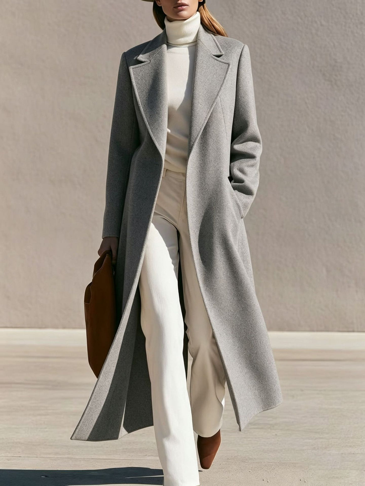 Women Longline Wool Coat with Wide Lapels and Tailored Fit Mune Fashion