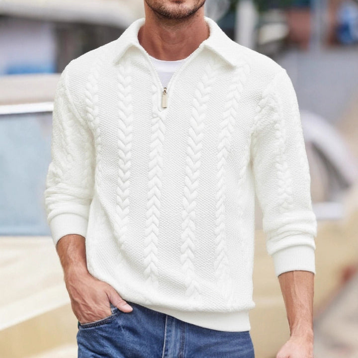 Men's fine structured cable knit sweater with short zipper and Kent collar Mune Fashion
