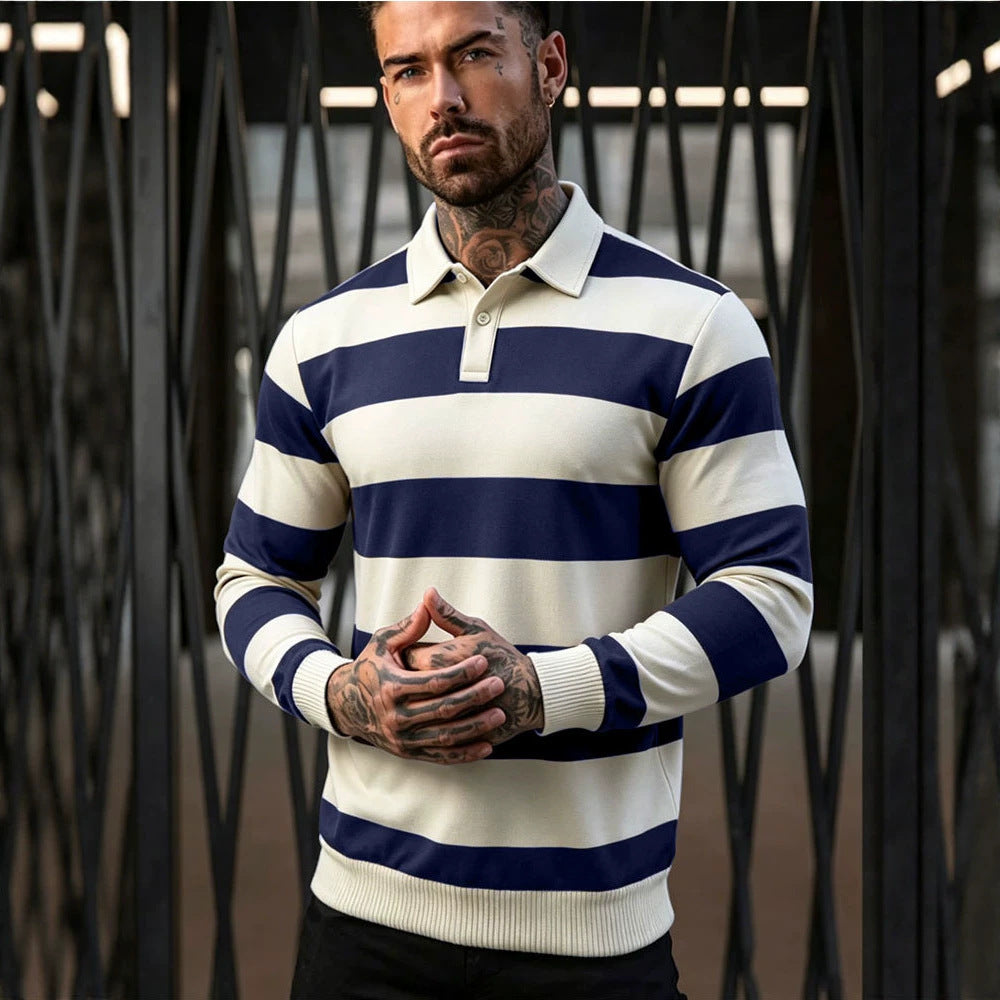 Men's striped rugby polo sweater with button placket and ribbed cuffs Mune Fashion
