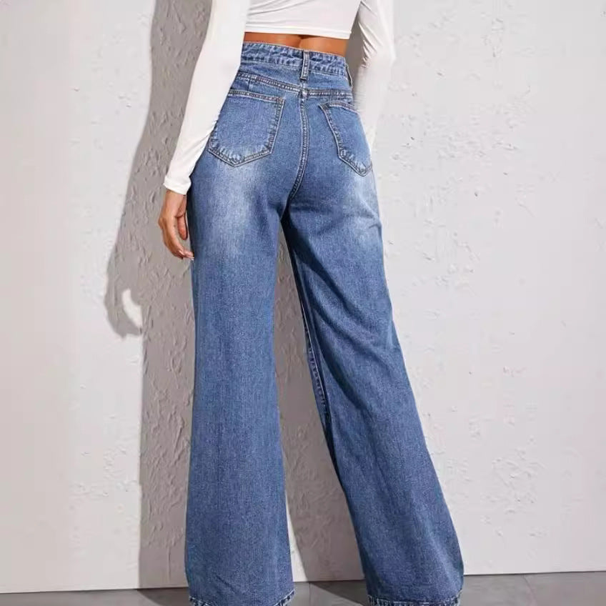 Women's high-waisted wide denim jeans with extra wide leg and raw hem Mune Fashion