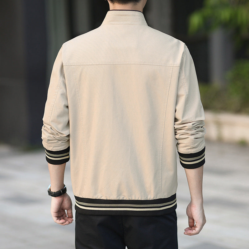 Men's modern canvas bomber jacket in worker style with striped ribbed cuffs and zipper Mune Fashion