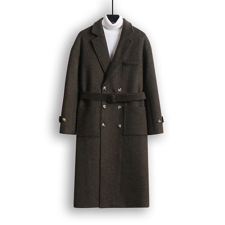 Men's Double-Breasted Wool Blend Long Coat with Notched Lapels and Flap Pockets Mune Fashion