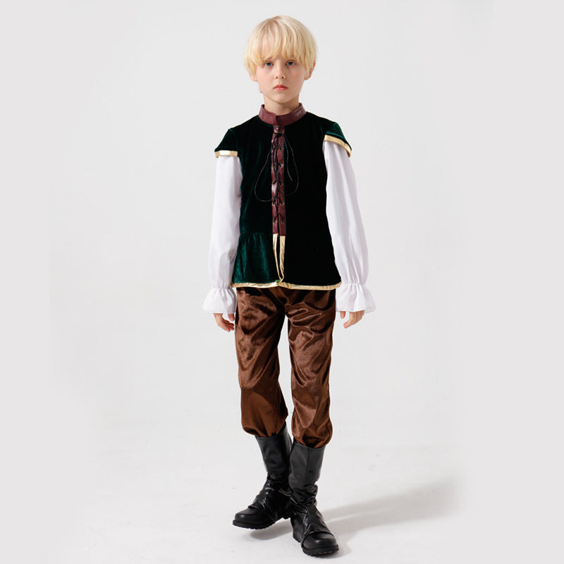Unisex medieval children's costume set with velvet vest, gathered baggy pants and Renaissance details Mune Fashion