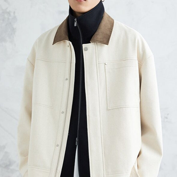 Men's Boxy Zip Jacket made of textured cotton blend with leather collar and concealed snap button placket Mune Fashion