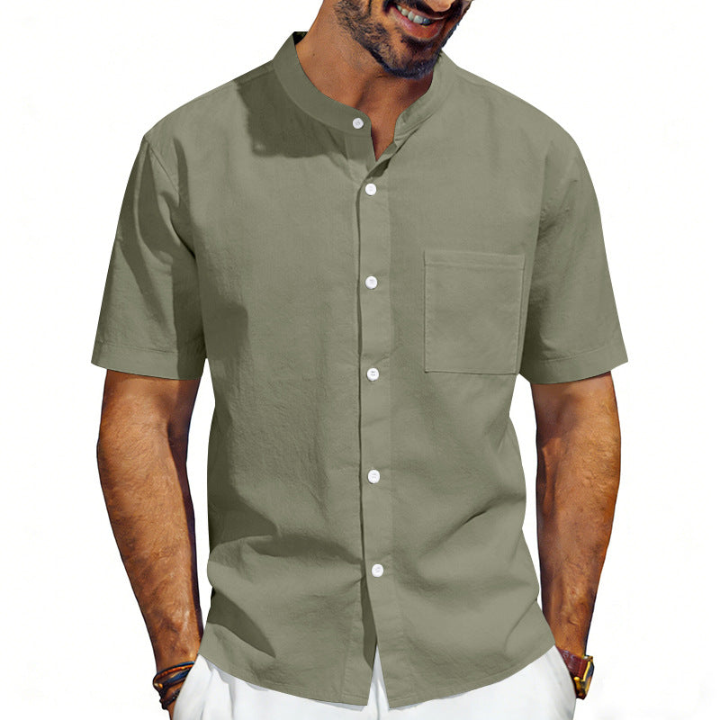 Men's short-sleeved linen shirt with stand-up collar and chest pocket Mune Fashion