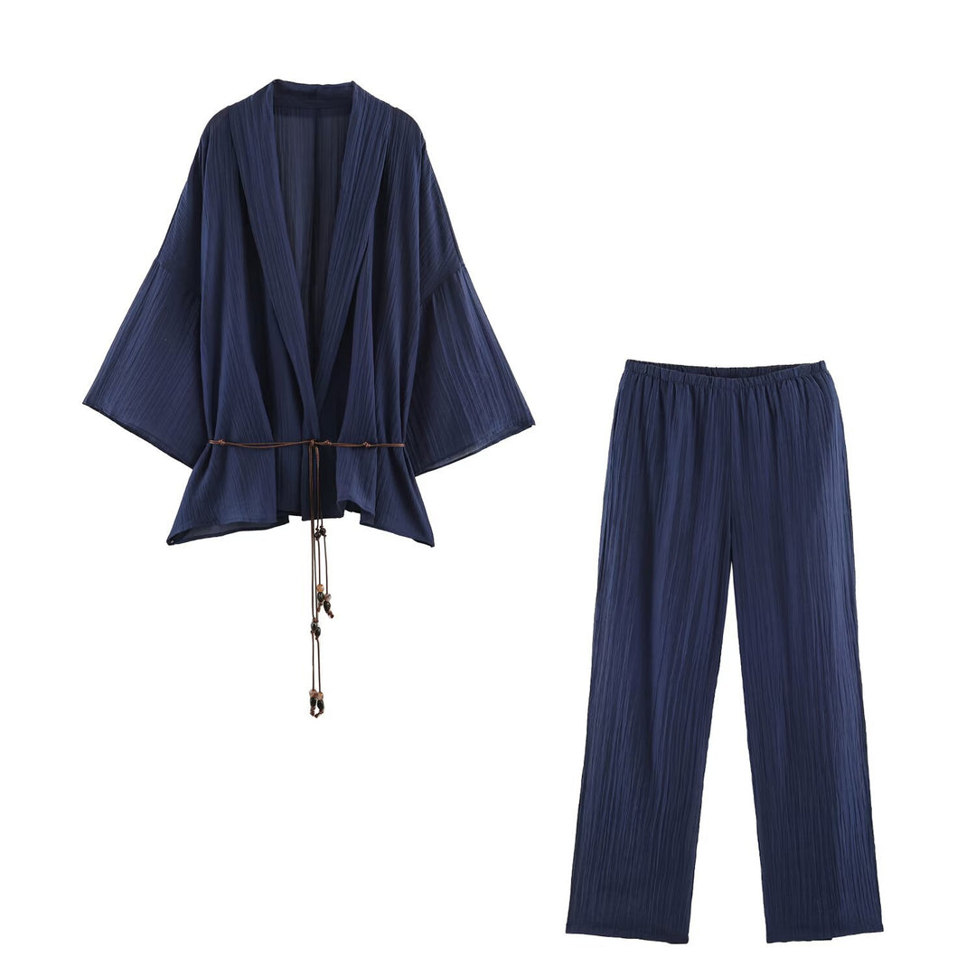 Women Pleated Oversized Kimono with Hip Cord and Trumpet Sleeves Mune Fashion