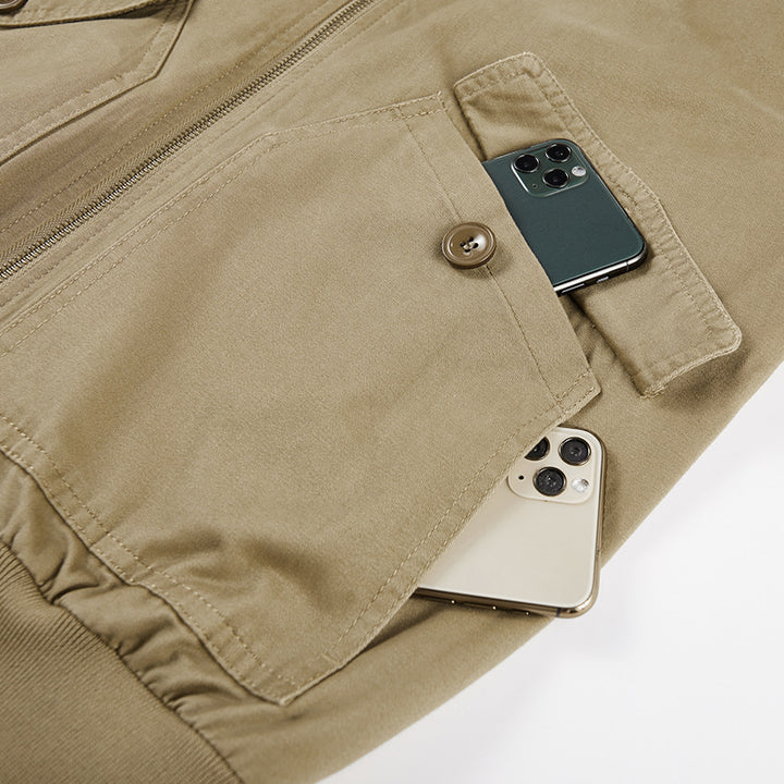 Men's Canvas Bomber Jacket in Utility Field Style with Arm Pocket, Flap Pockets and Ribbed Cuff Mune Fashion