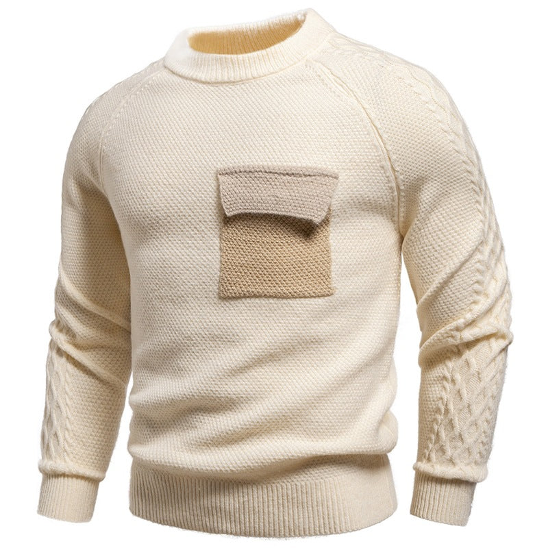 Men's pullover made of textured knit with round neck, attached chest pocket and cable pattern sleeves Mune Fashion
