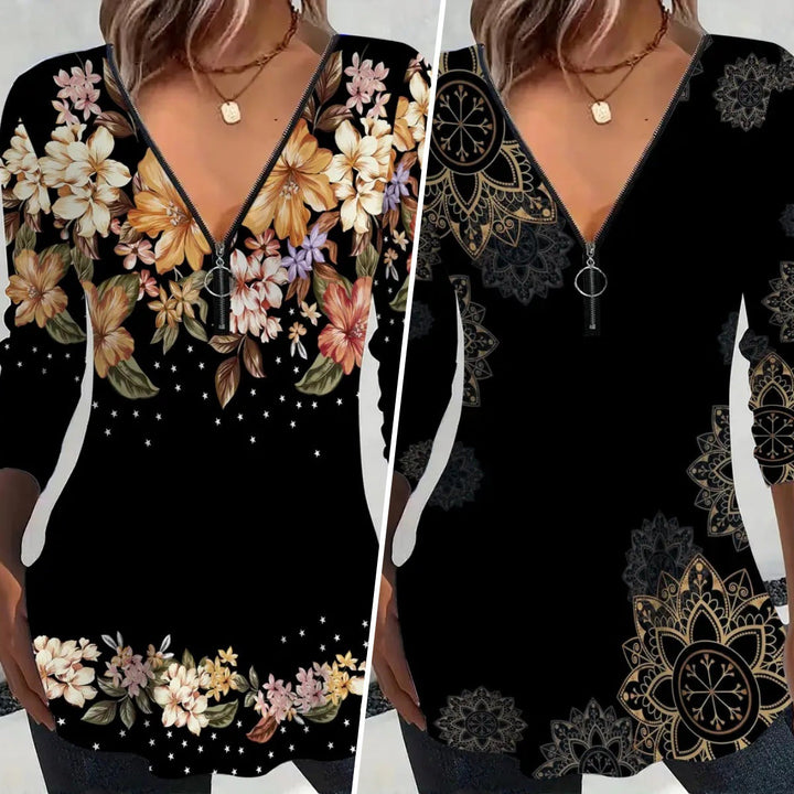 Women's Long Sleeve Shirt with Zipper and Floral Pattern Mune