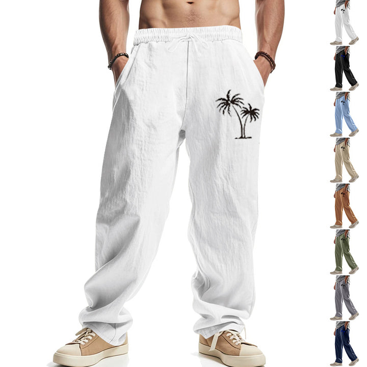 Men's Lightweight Linen-Look Casual Pants with Elastic Waistband, Drawstring & Palm Embroidery Mune Fashion