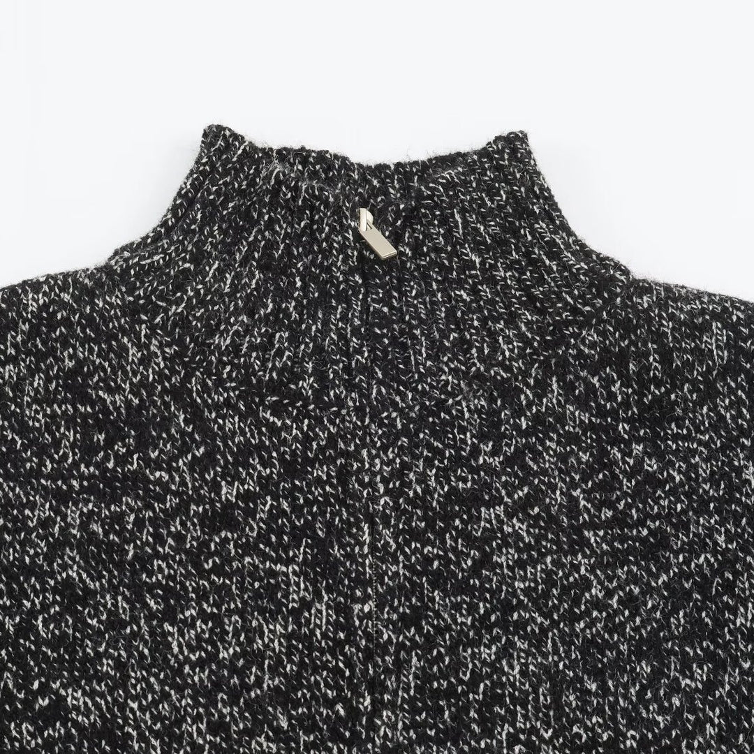 Women's Chunky Knit Zip Sweater with Stand-Up Collar and Ribbed Hem Mune Fashion