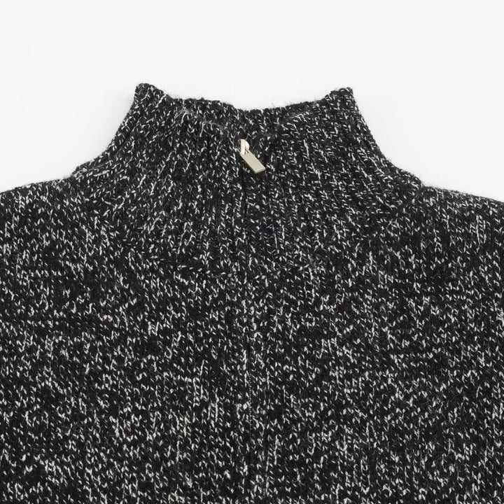 Women's Chunky Knit Zip Sweater with Stand-Up Collar and Ribbed Hem Mune Fashion
