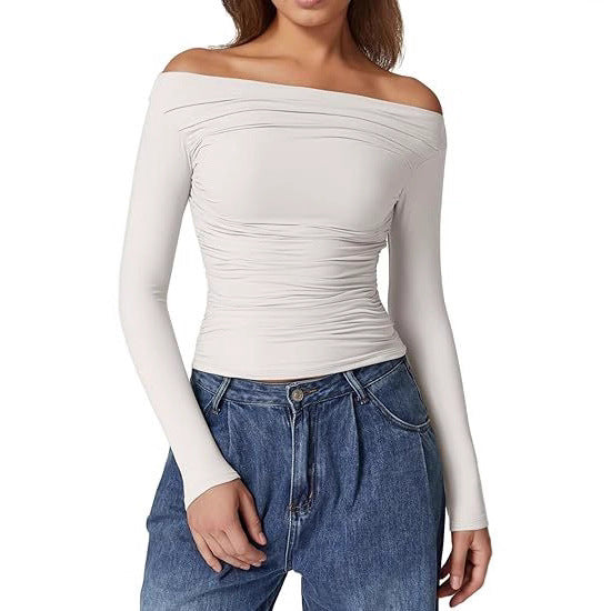 Women's Off-Shoulder Tailored Stretch Long Sleeve with Gathering and Figure-Hugging Silhouette Mune Fashion
