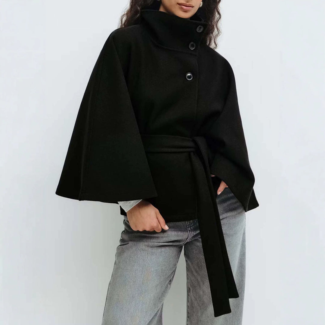 Women's Short Cape Coat with Stand-Up Collar, Oversized Sleeves and Tie Belt Mune Fashion