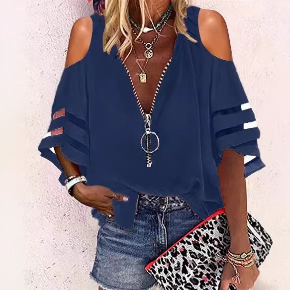 Women V-neck blouse with decorative ring zipper and cut-out sleeves Mune Fashion