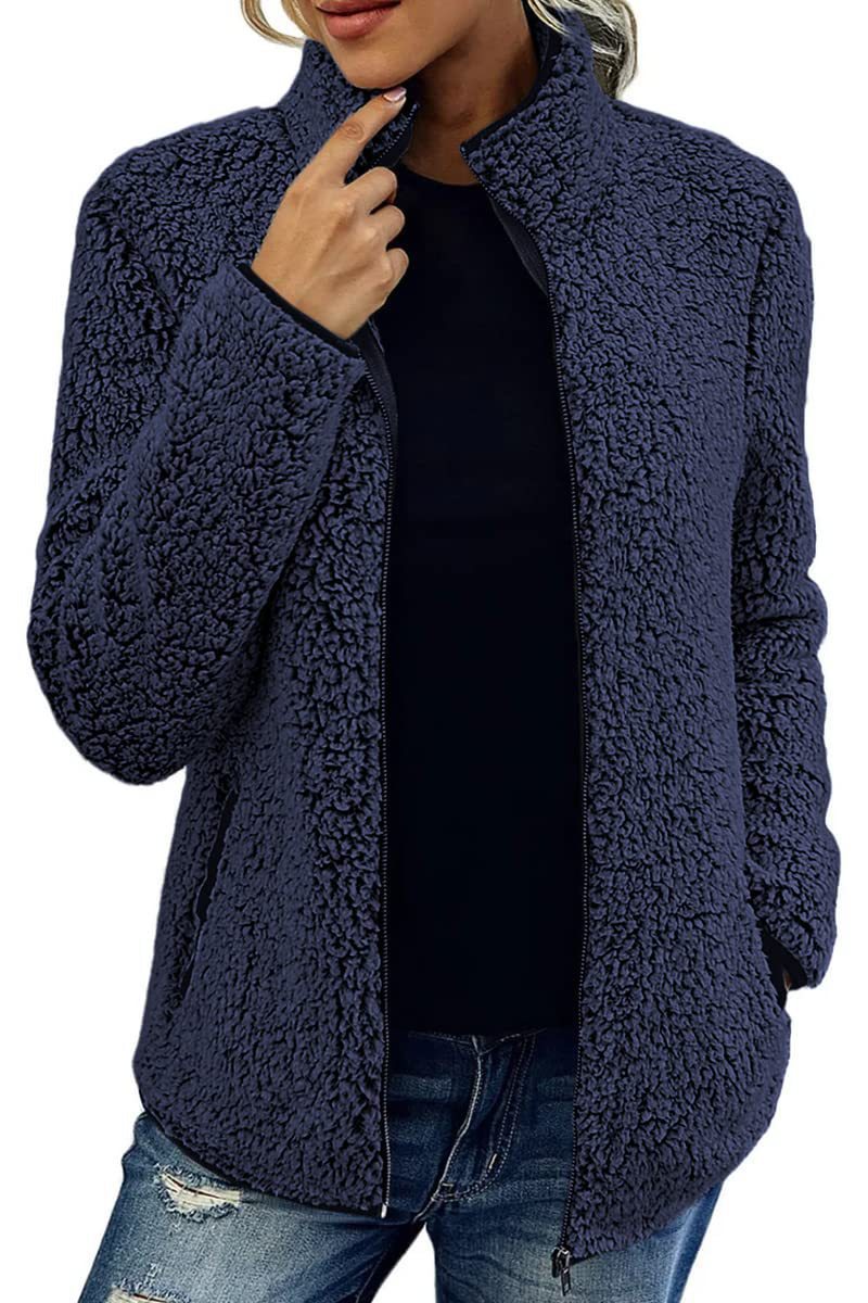 Women cozy teddy fleece jacket with stand-up collar and zipper Mune Fashion