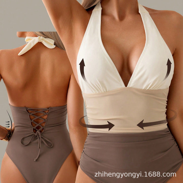 Women High-Waisted One-Piece Swimsuit with Deep V-Neck Mune Fashion