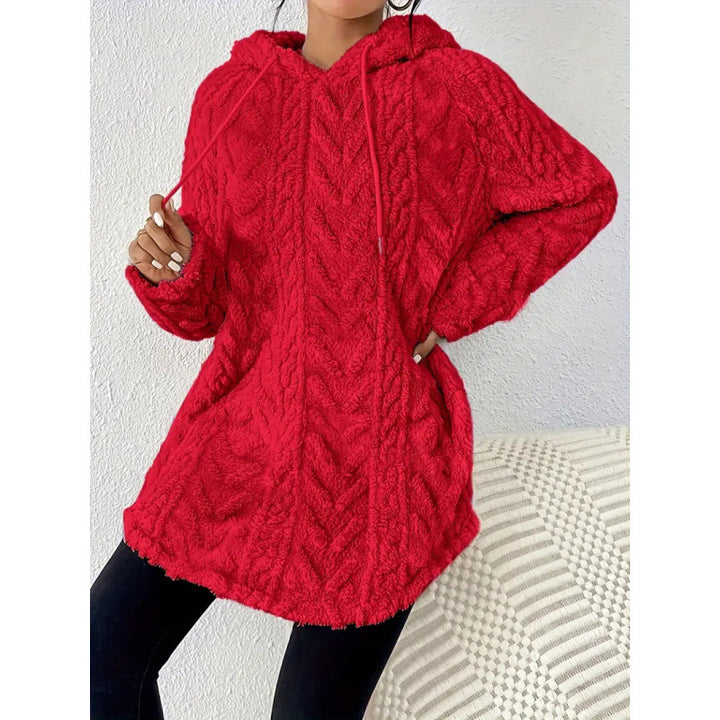 Women Cozy Teddy Hoodie with Cable Knit Pattern Drawstring and Rounded Hem Mune Fashion