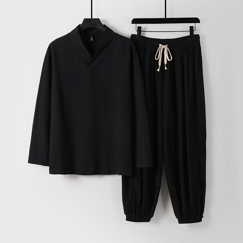 Men's Loose Linen Loungewear Set with V-Neck Elastic Waist and Gathered Ankles Mune Fashion