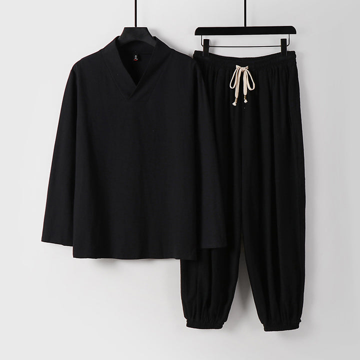Men's Loose Linen Loungewear Set with V-Neck Elastic Waist and Gathered Ankles Mune Fashion