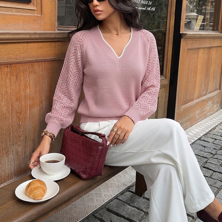 Ladies V-neck knit sweater with jacquard pattern Mune Fashion