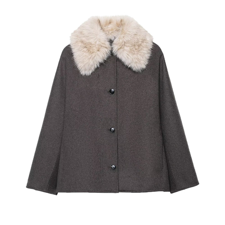 Women's wool cape with removable faux fur collar and concealed button placket Mune Fashion