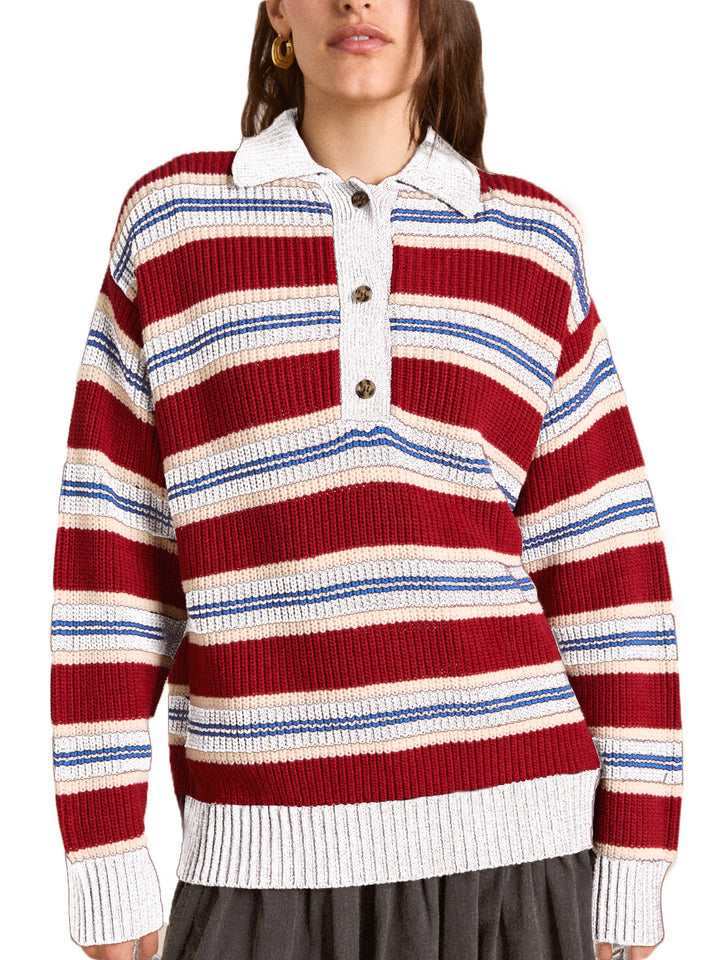 Women’s Oversize Knit Sweater with Polo Collar & Multi-layered Stripe Relief Mune Fashion