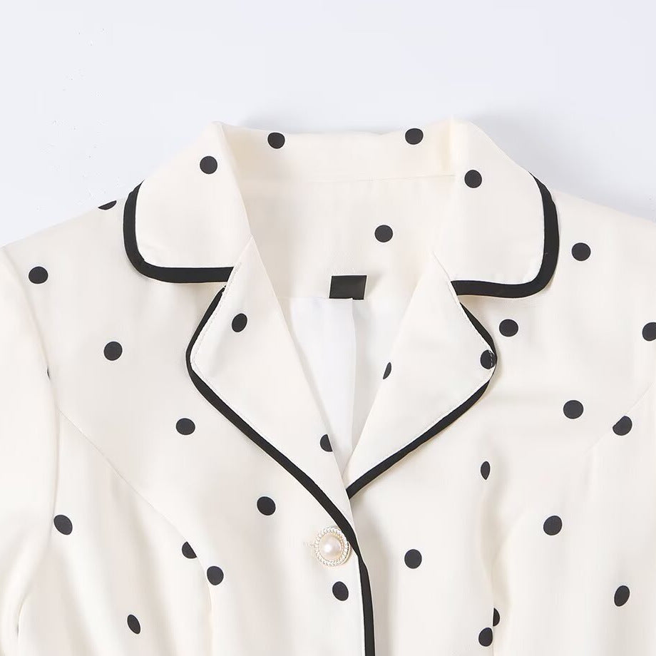 Women's midi shirt dress with polka dots, contrast piping, and waist belt Mune Fashion